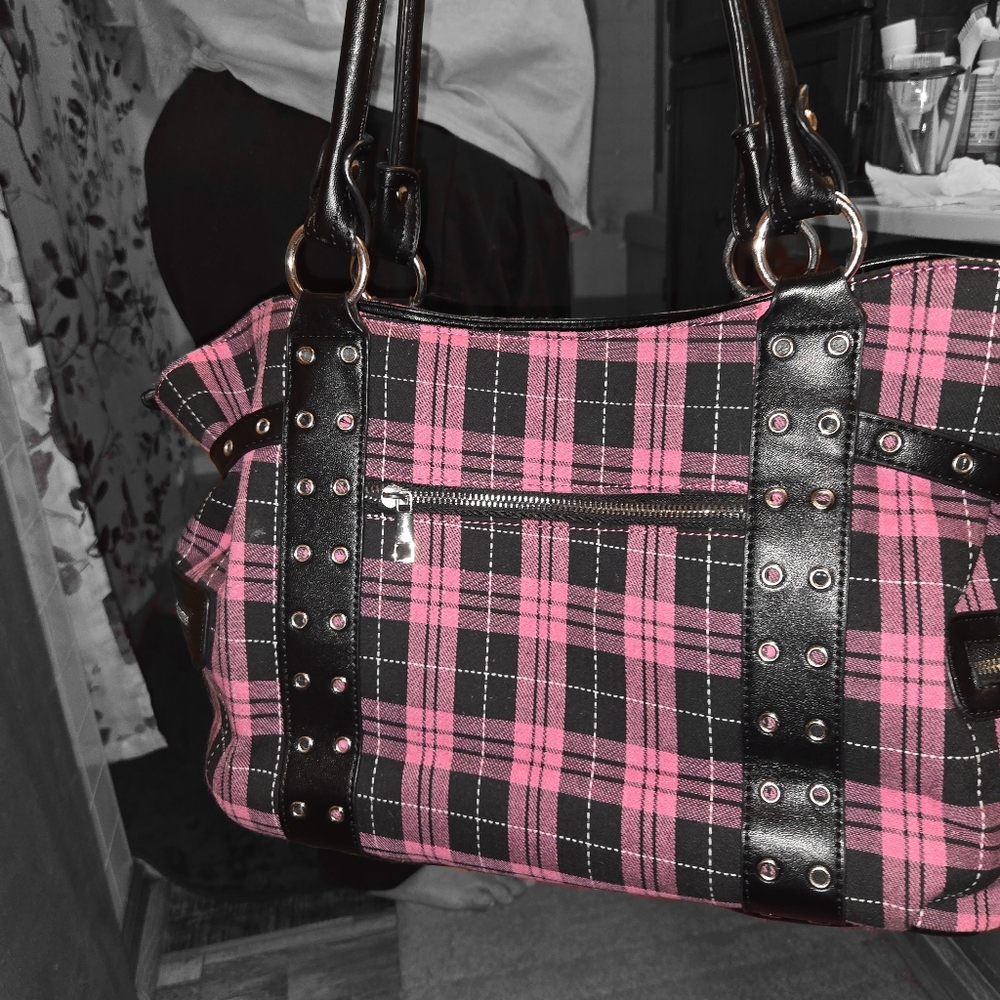 ♡KILLSTAR "Lost Queen" Pink and Black Plaid Women's Purse - Picture 3 of 5